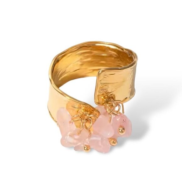 NWT Wide Band Ring 18K Gold Plated Rose Quartz Beads Open Adjustable Size - Picture 1 of 8